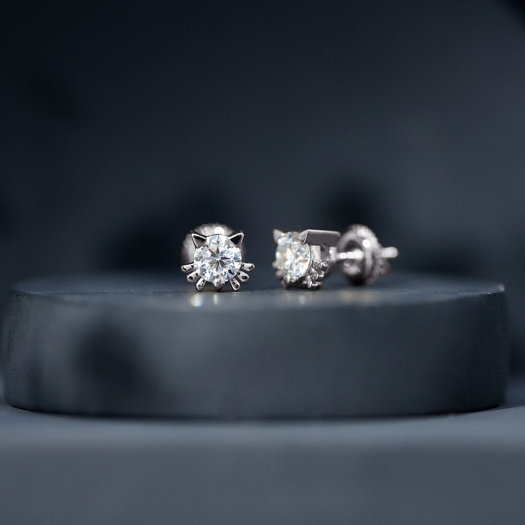 1 CT Solitaire Moissanite Cat Stud Earrings with Screw Back