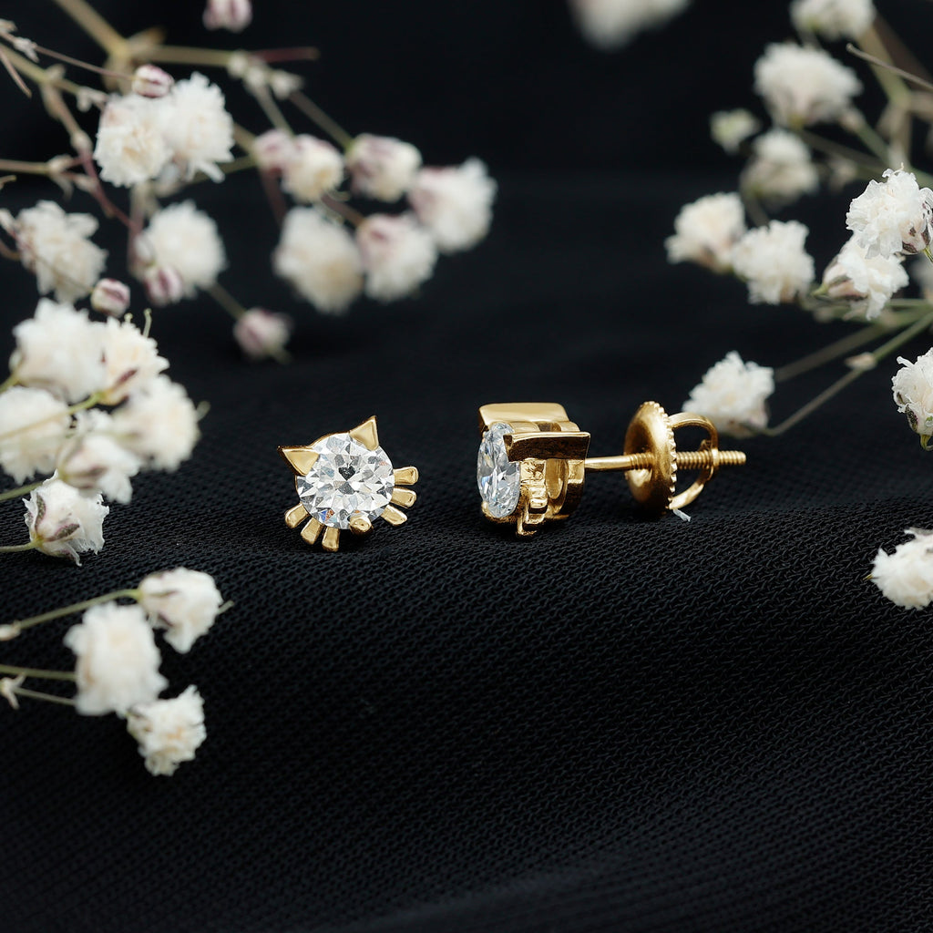 1 CT Solitaire Moissanite Cat Stud Earrings with Screw Back