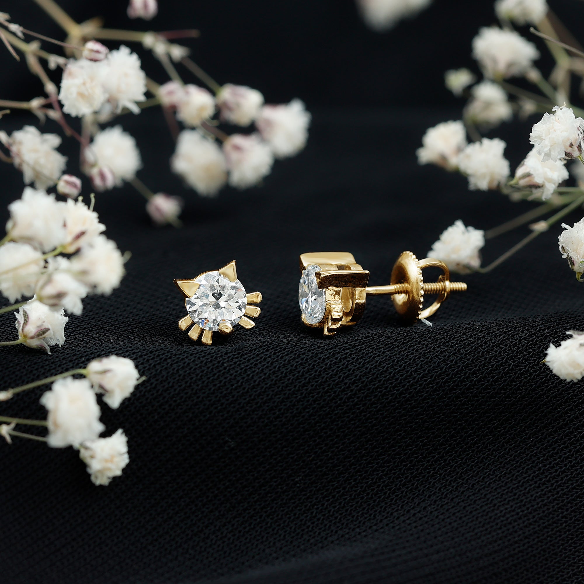 1 CT Solitaire Moissanite Cat Stud Earrings with Screw Back