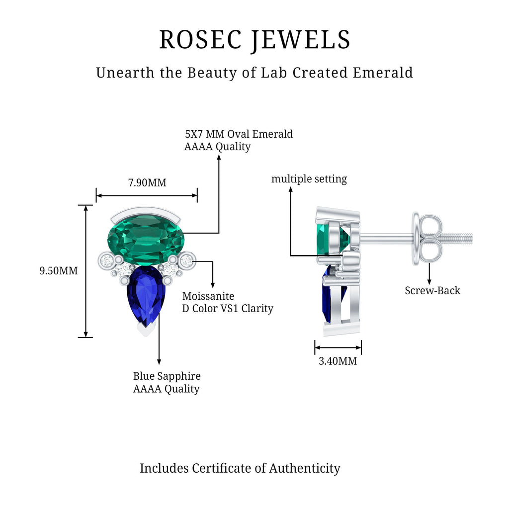 Lab Grown Emerald and Blue Sapphire Bridal Stud Earring with Certificate