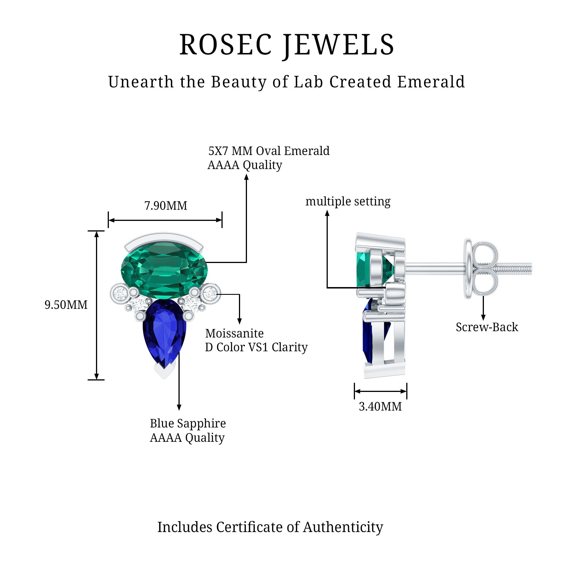 Lab Grown Emerald and Blue Sapphire Bridal Stud Earring with Certificate