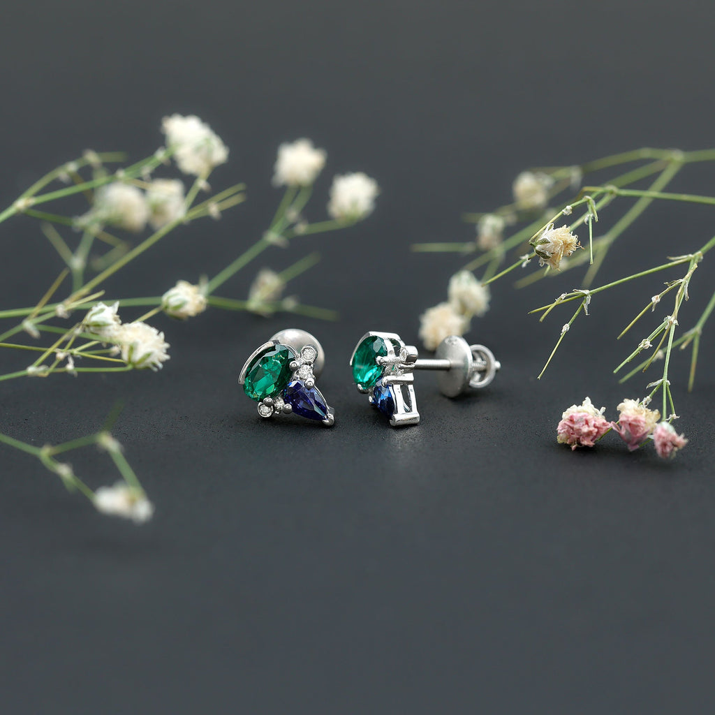 Lab Grown Emerald and Blue Sapphire Bridal Stud Earring with Certificate