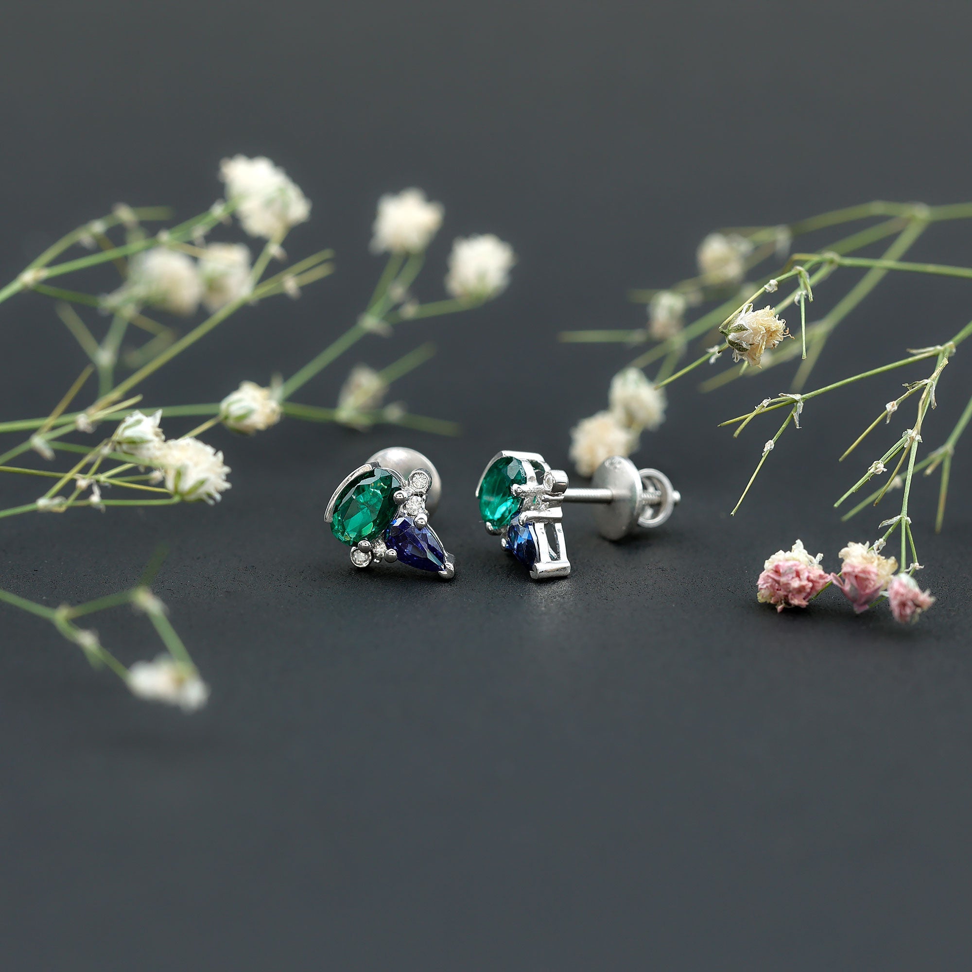 Lab Grown Emerald and Blue Sapphire Bridal Stud Earring with Certificate