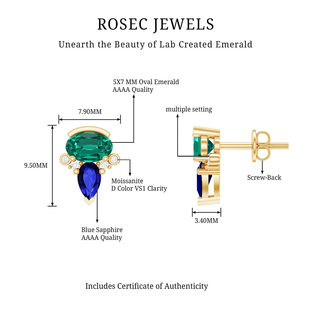 Lab Grown Emerald and Blue Sapphire Bridal Stud Earring with Certificate