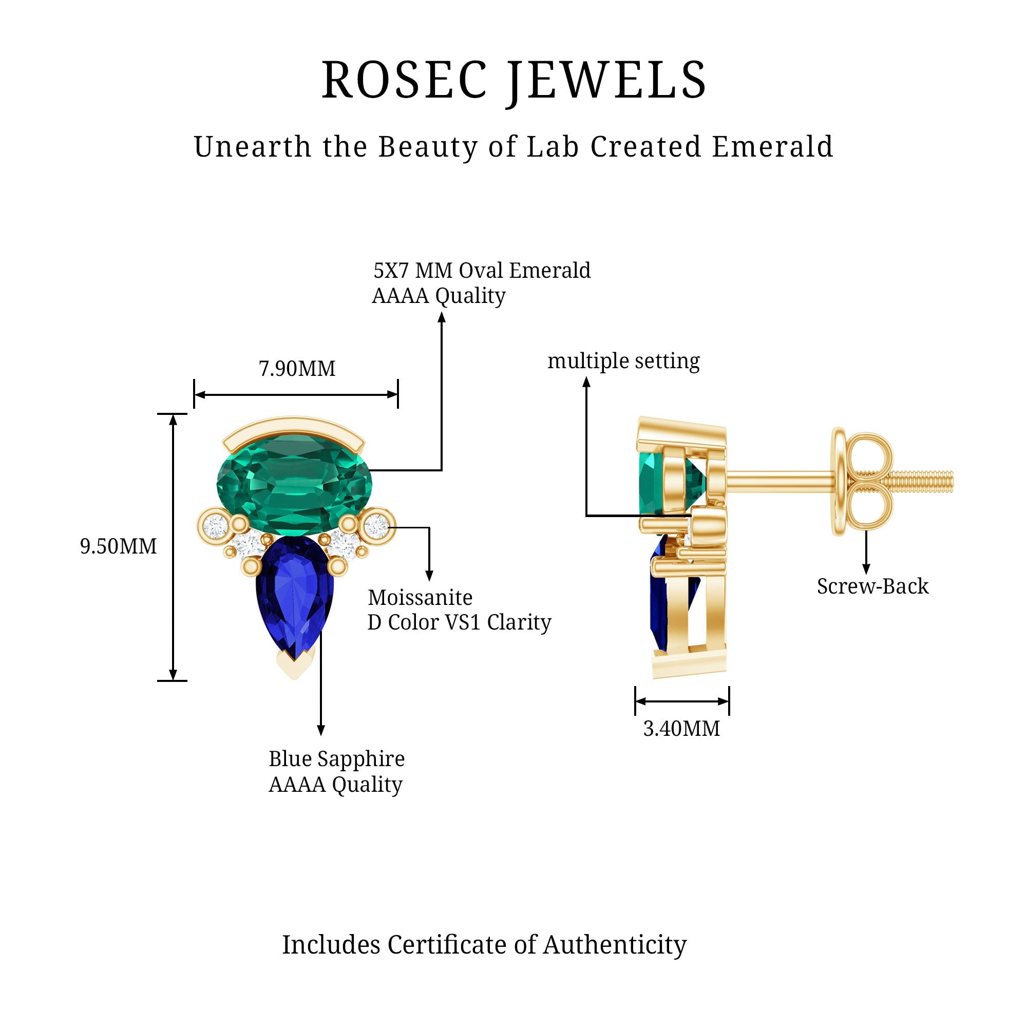 Lab Grown Emerald and Blue Sapphire Bridal Stud Earring with Certificate