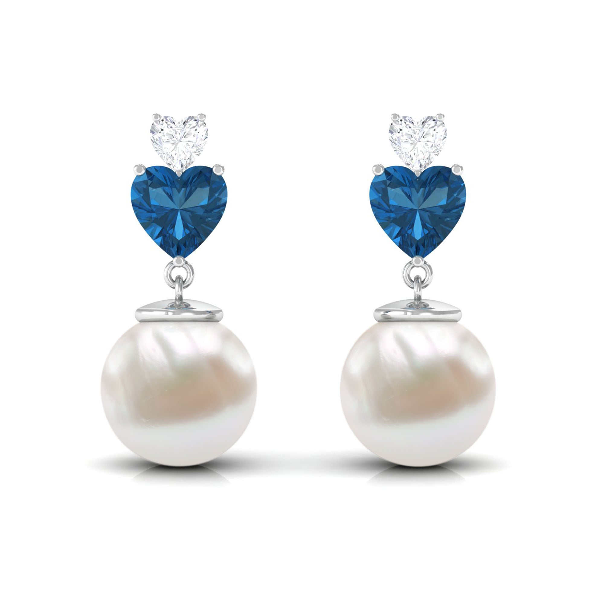 Freshwater Pearl Heart Stud Drop Earrings with London Blue Topaz and Moissanite