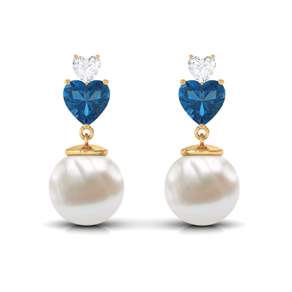 Freshwater Pearl Heart Stud Drop Earrings with London Blue Topaz and Moissanite