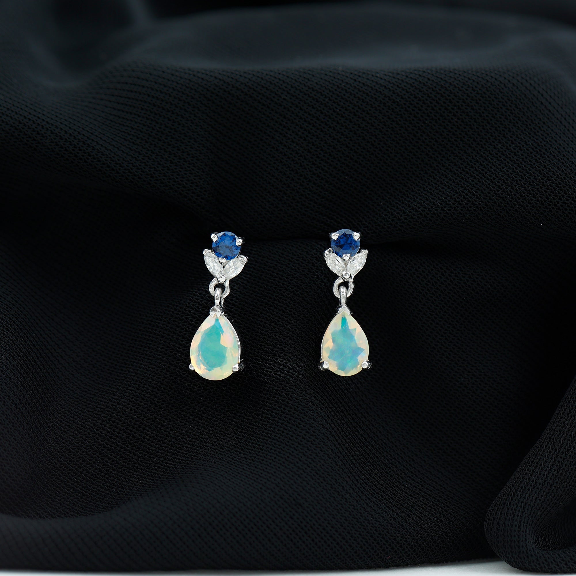 1.4 Carat Ethiopian Opal Teardrop Earrings with Lab Blue Sapphire