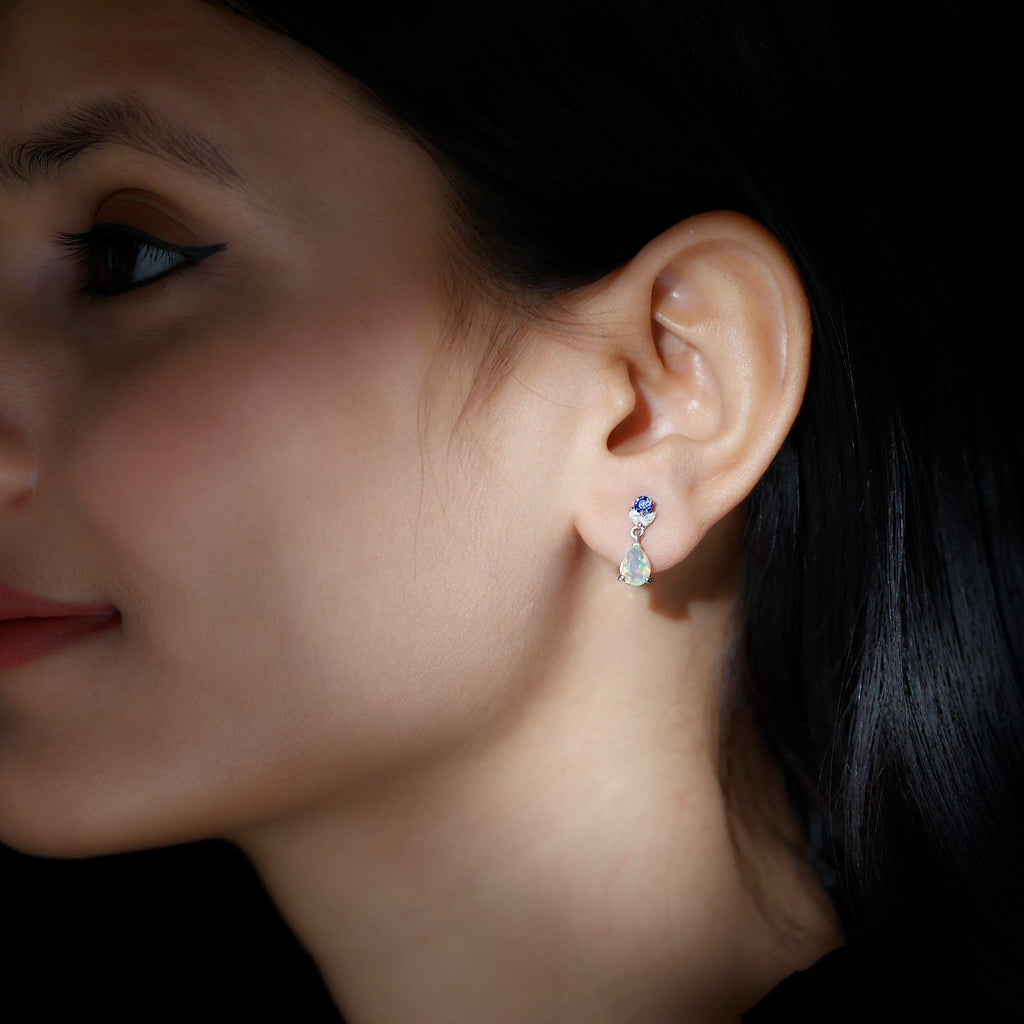 1.4 Carat Ethiopian Opal Teardrop Earrings with Lab Blue Sapphire