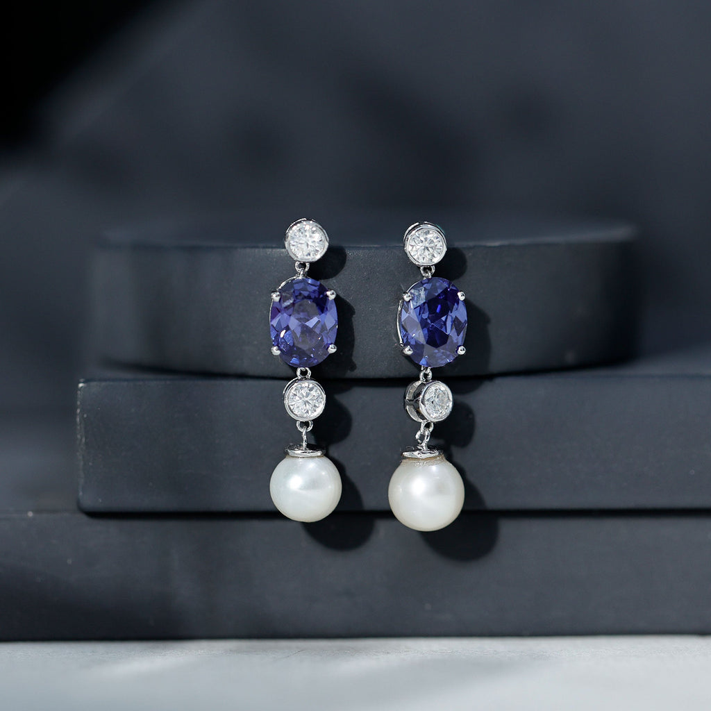 Lab Created Blue Sapphire and Freshwater Pearl Dangle Earrings with Moissanite