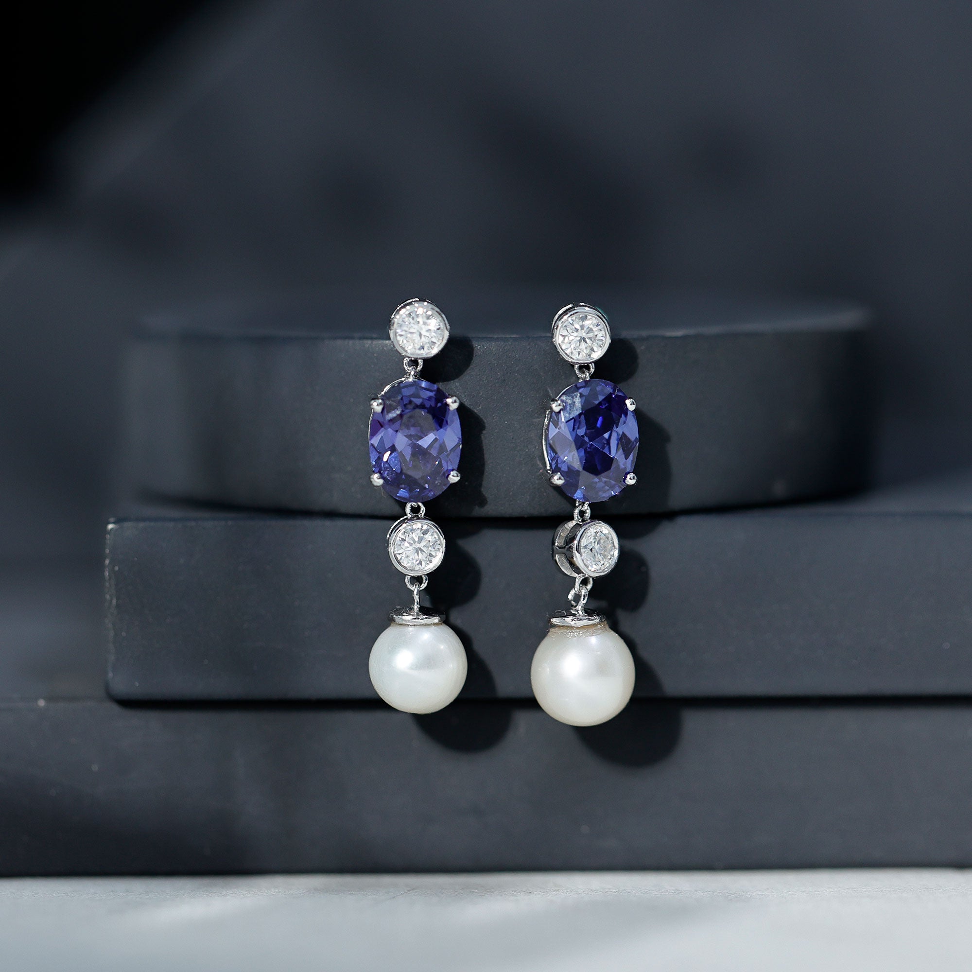 Lab Created Blue Sapphire and Freshwater Pearl Dangle Earrings with Moissanite