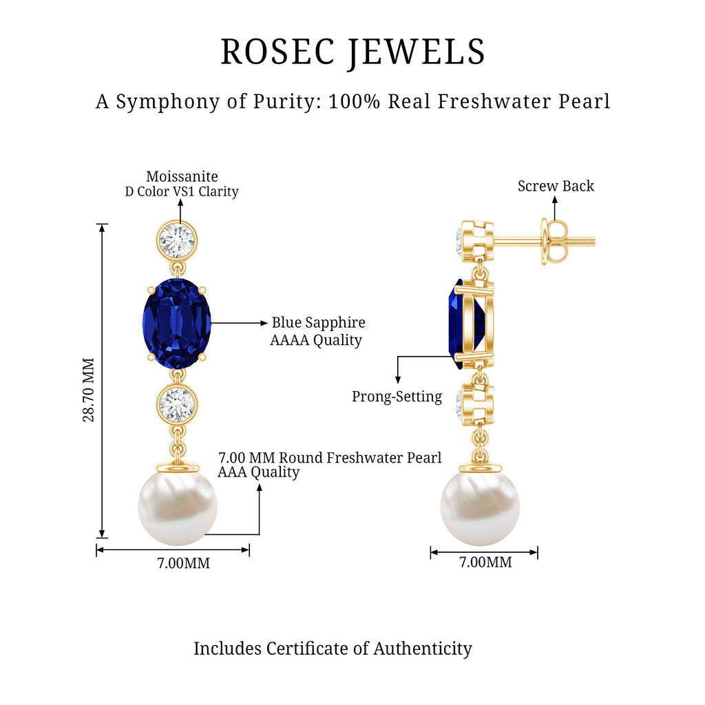 Lab Created Blue Sapphire and Freshwater Pearl Dangle Earrings with Moissanite