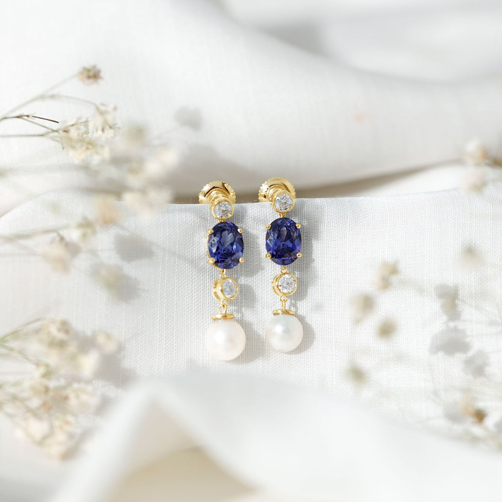 Lab Created Blue Sapphire and Freshwater Pearl Dangle Earrings with Moissanite