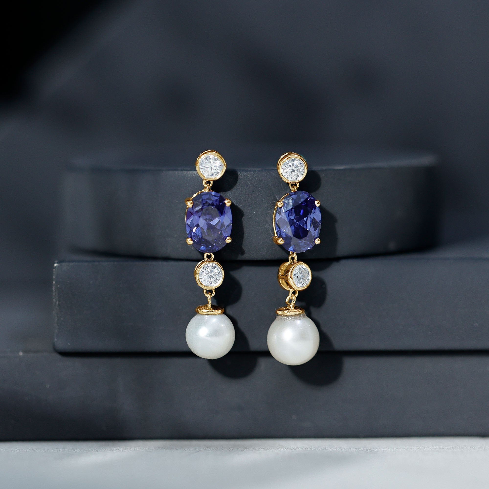Lab Created Blue Sapphire and Freshwater Pearl Dangle Earrings with Moissanite