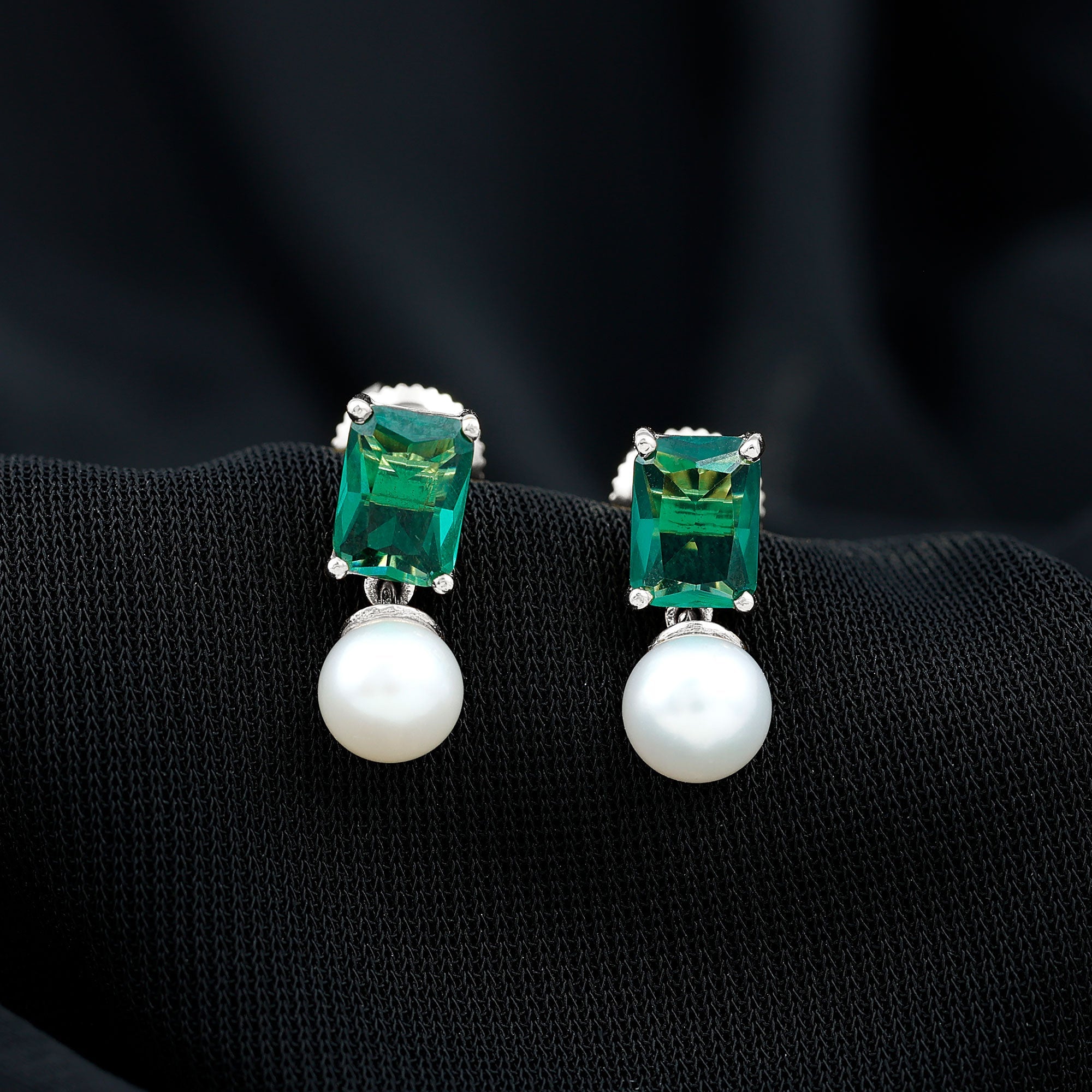 Certified Emerald Cut Lab Grown Emerald and Pearl Drop Earrings