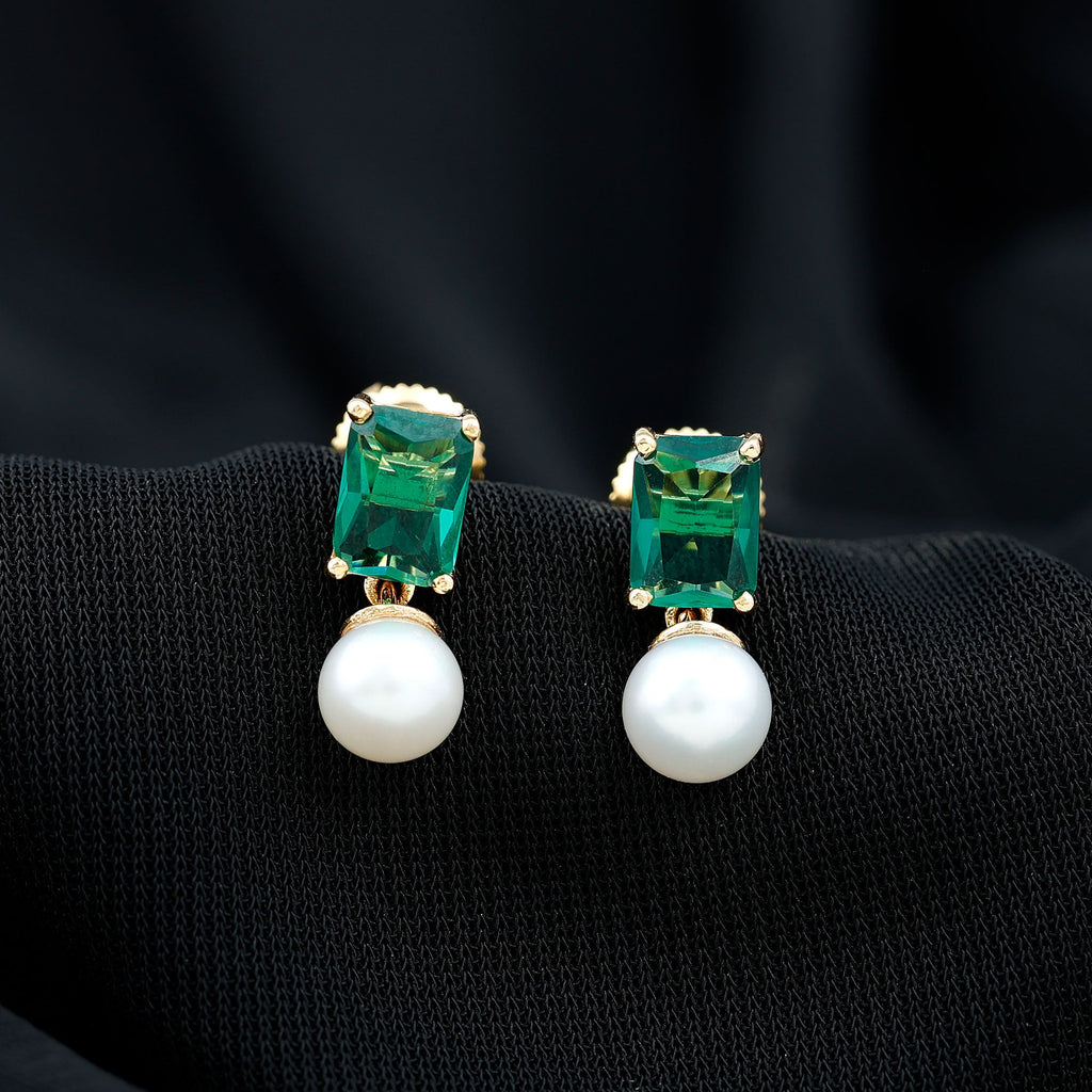 Certified Emerald Cut Lab Grown Emerald and Pearl Drop Earrings