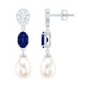 Teardrop Shape Freshwater Pearl Dangle Earrings with Lab Sapphire