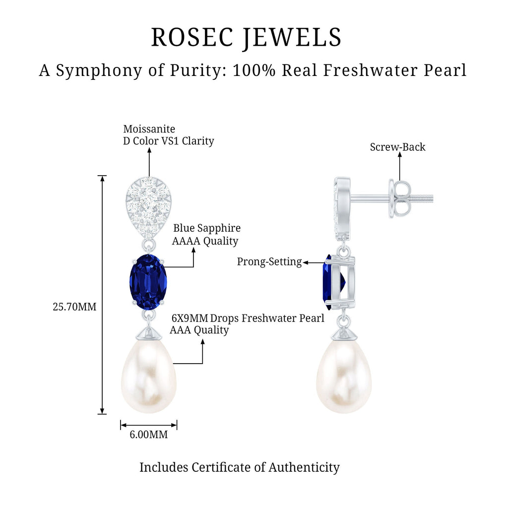 Teardrop Shape Freshwater Pearl Dangle Earrings with Lab Sapphire
