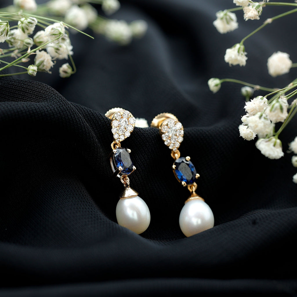 Teardrop Shape Freshwater Pearl Dangle Earrings with Lab Sapphire