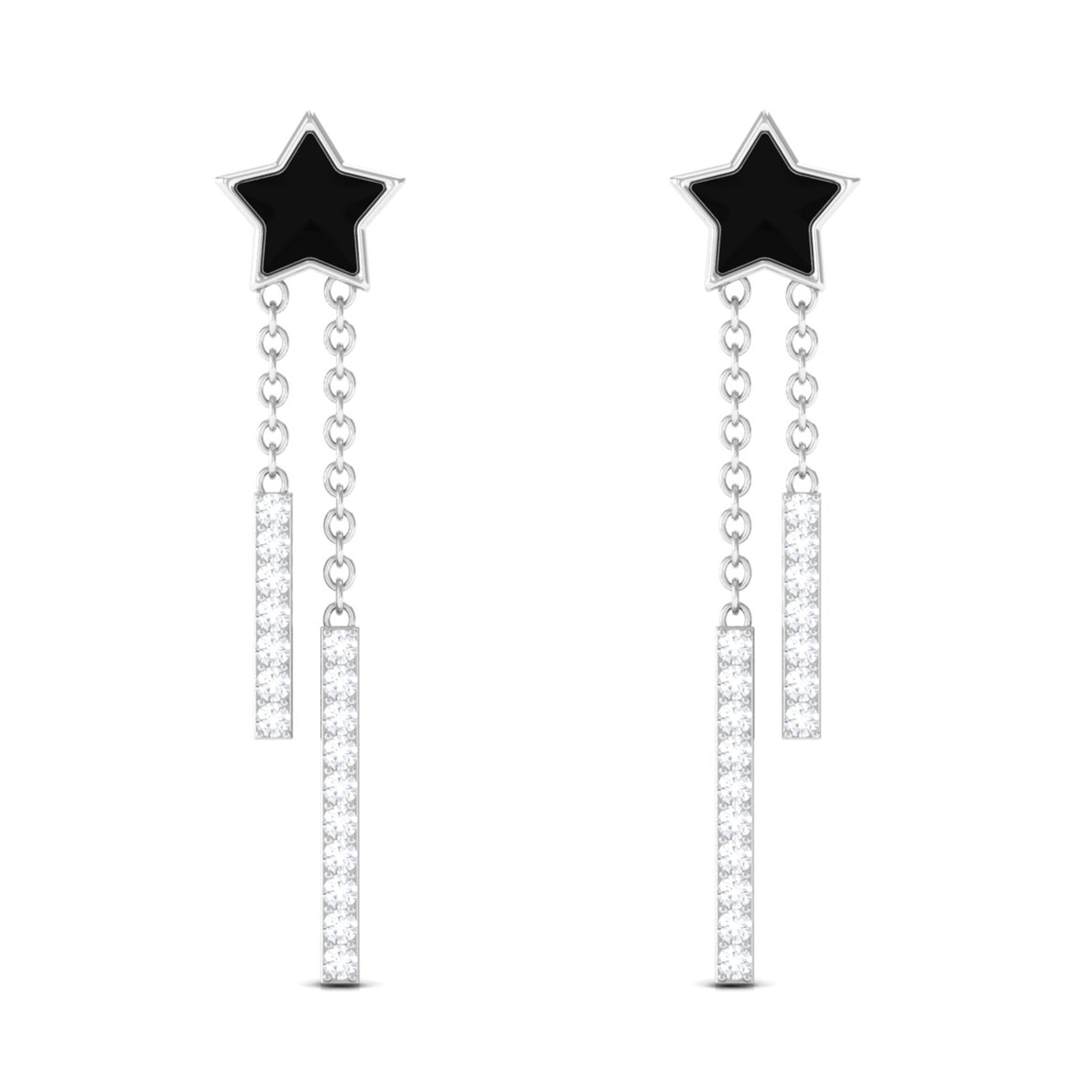 Moissanite Chain Star Dangle Earrings with Black Enamel
