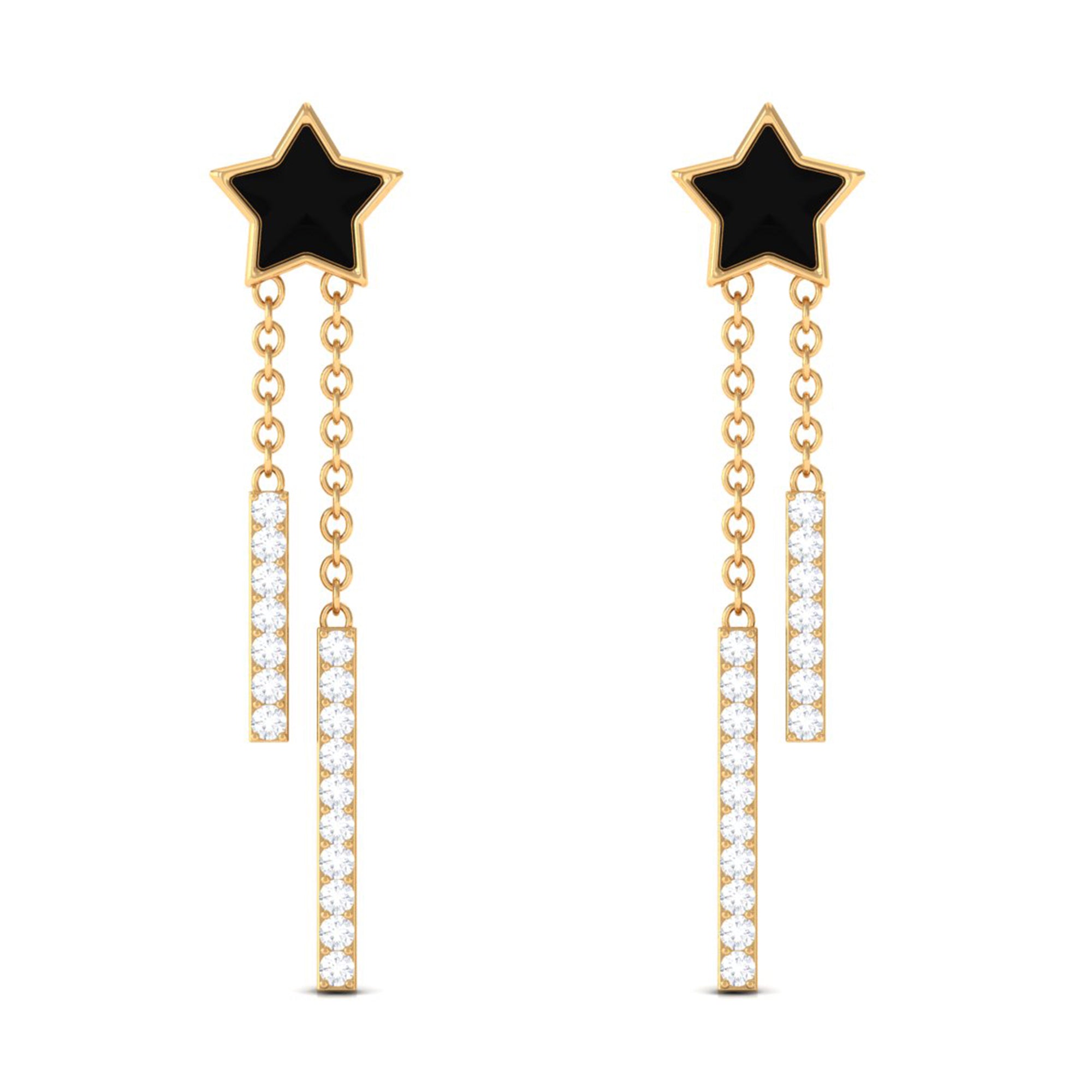 Moissanite Chain Star Dangle Earrings with Black Enamel