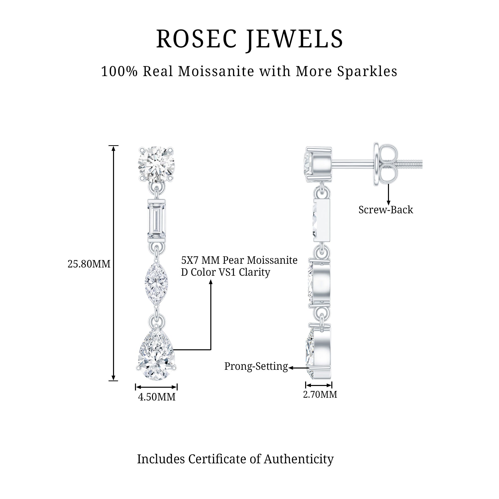 Certified Moissanite Wedding Dangle Earrings For Bride