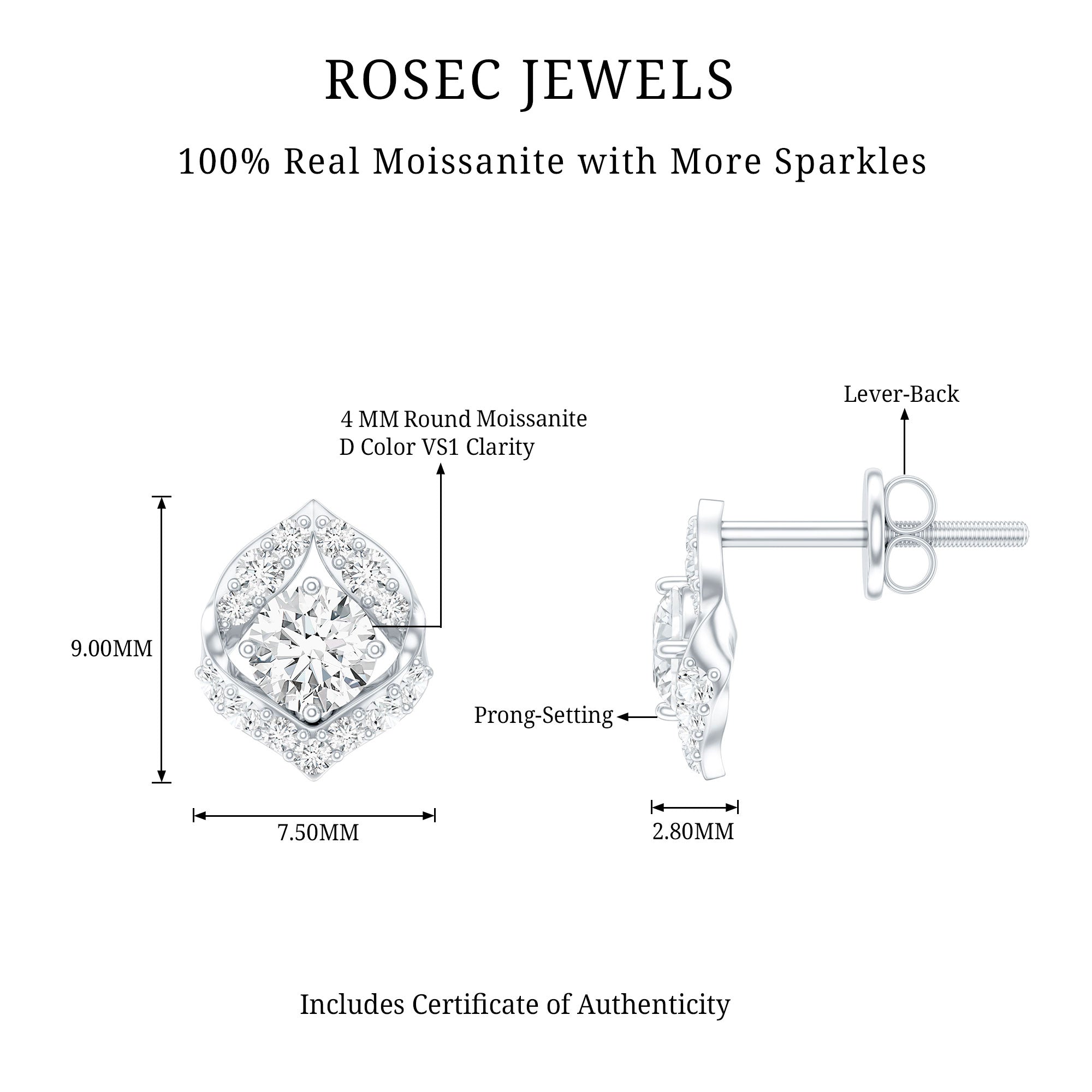 0.6 Carat Moissanite Petal Stud Earrings with Screw Back