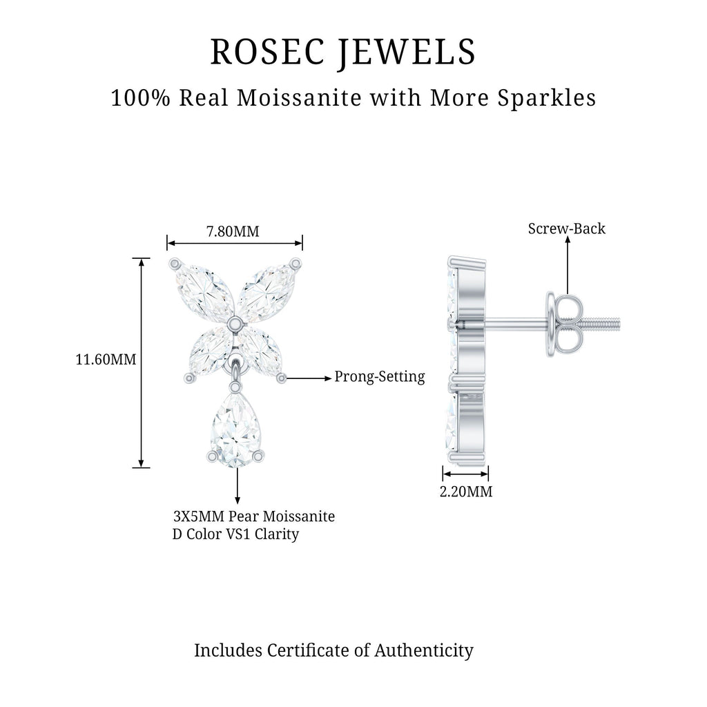 Marquise and Pear Cut Moissanite Flower Drop Earrings