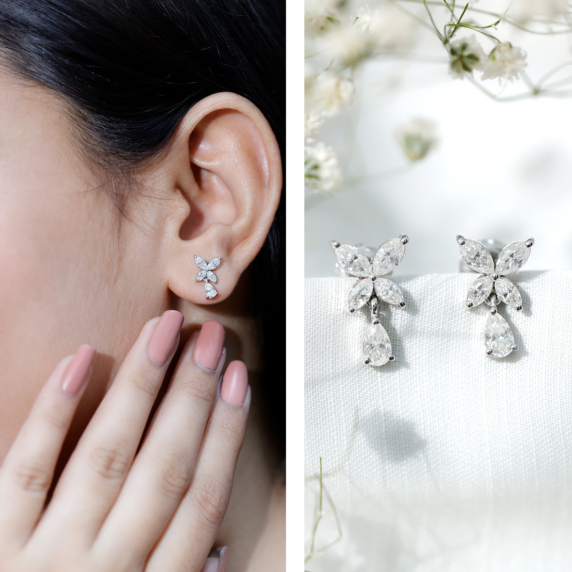 Marquise and Pear Cut Moissanite Flower Drop Earrings