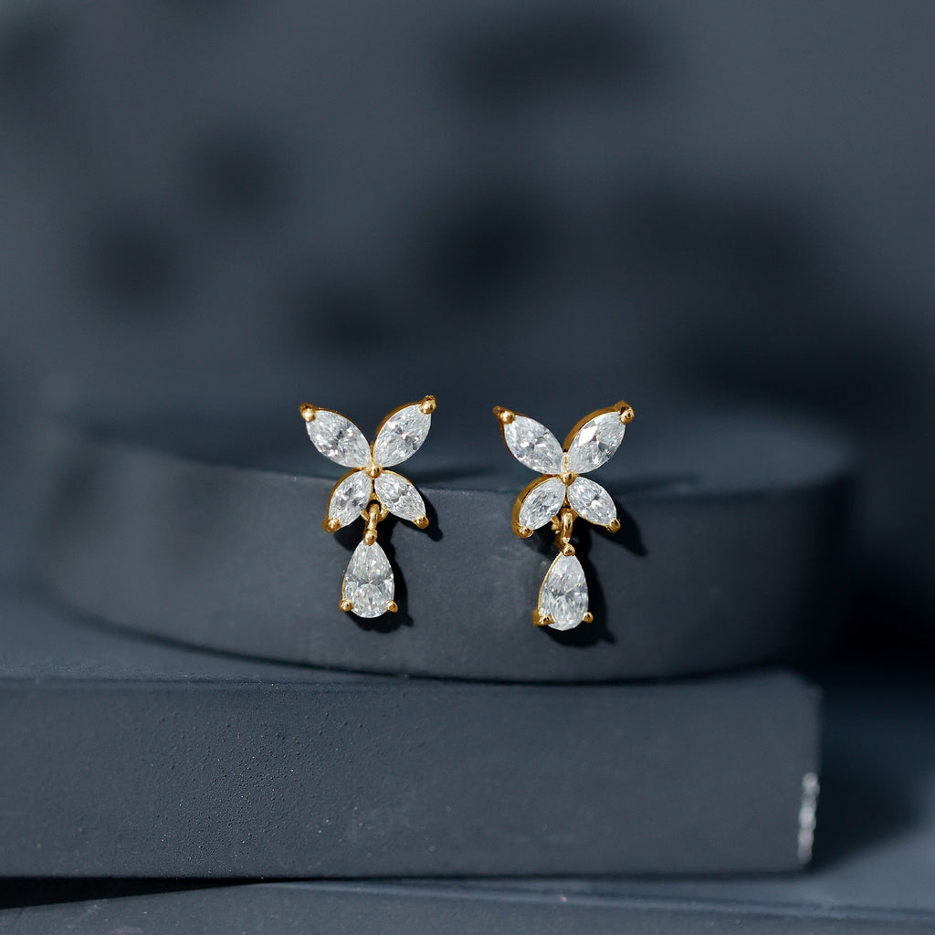 Marquise and Pear Cut Moissanite Flower Drop Earrings
