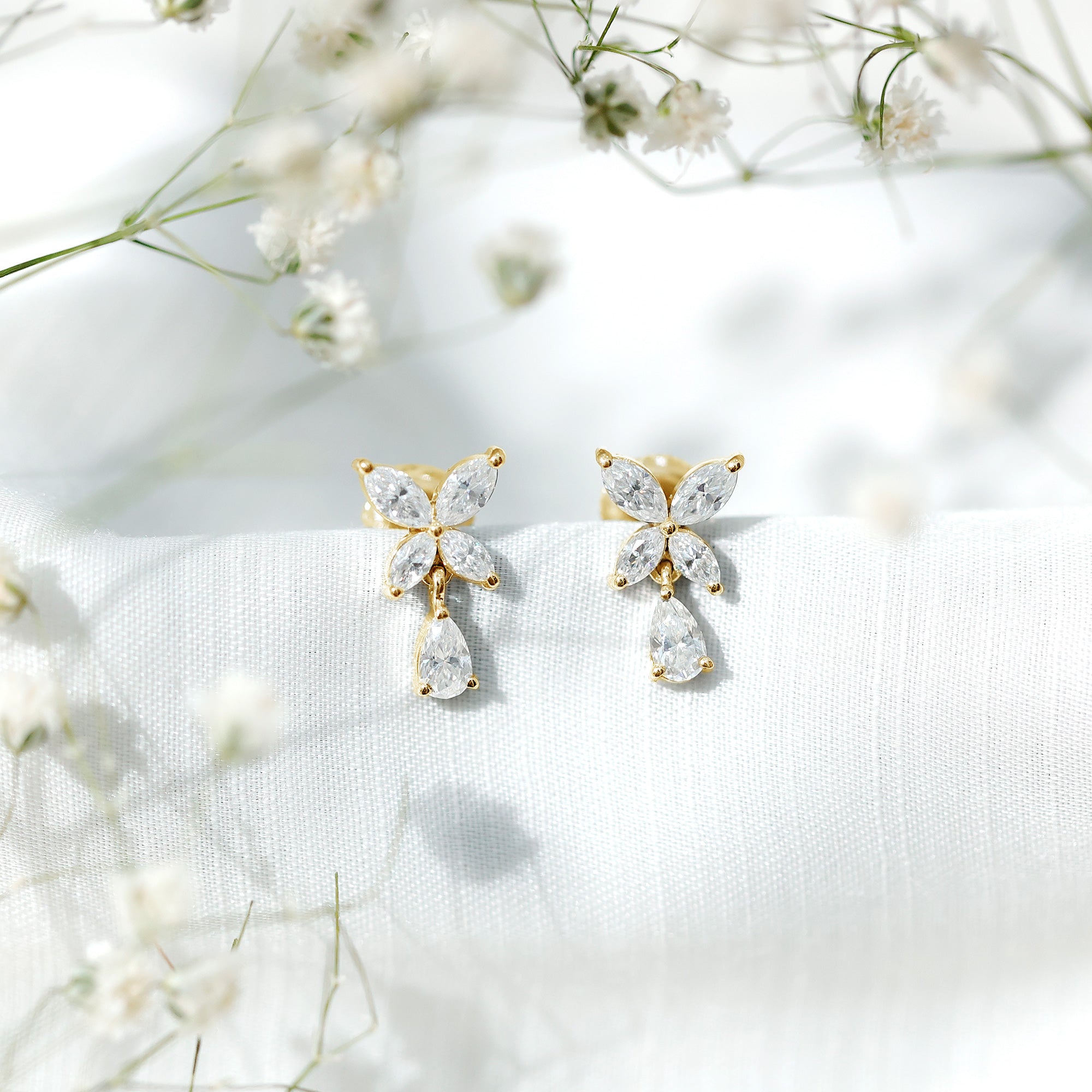 Marquise and Pear Cut Moissanite Flower Drop Earrings