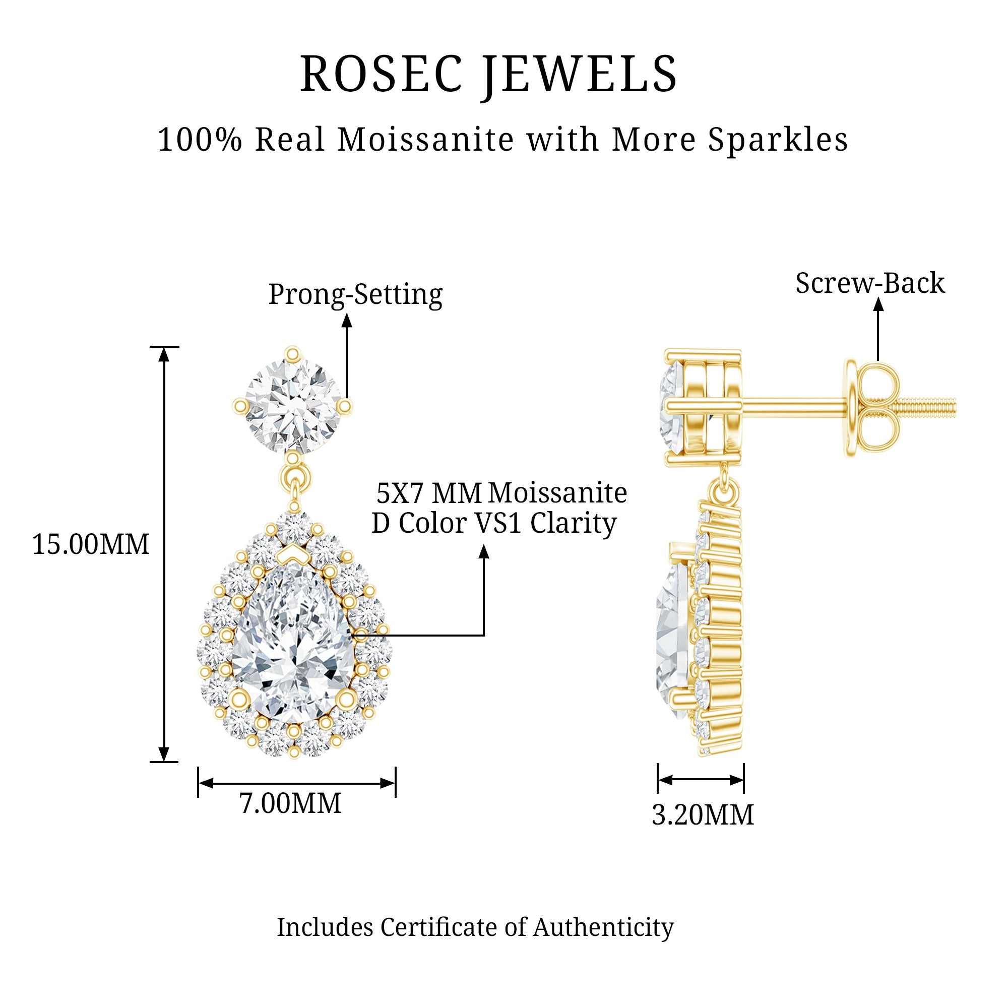 1.5 Carat Moissanite Bridal Dangle Earrings in Prong Setting