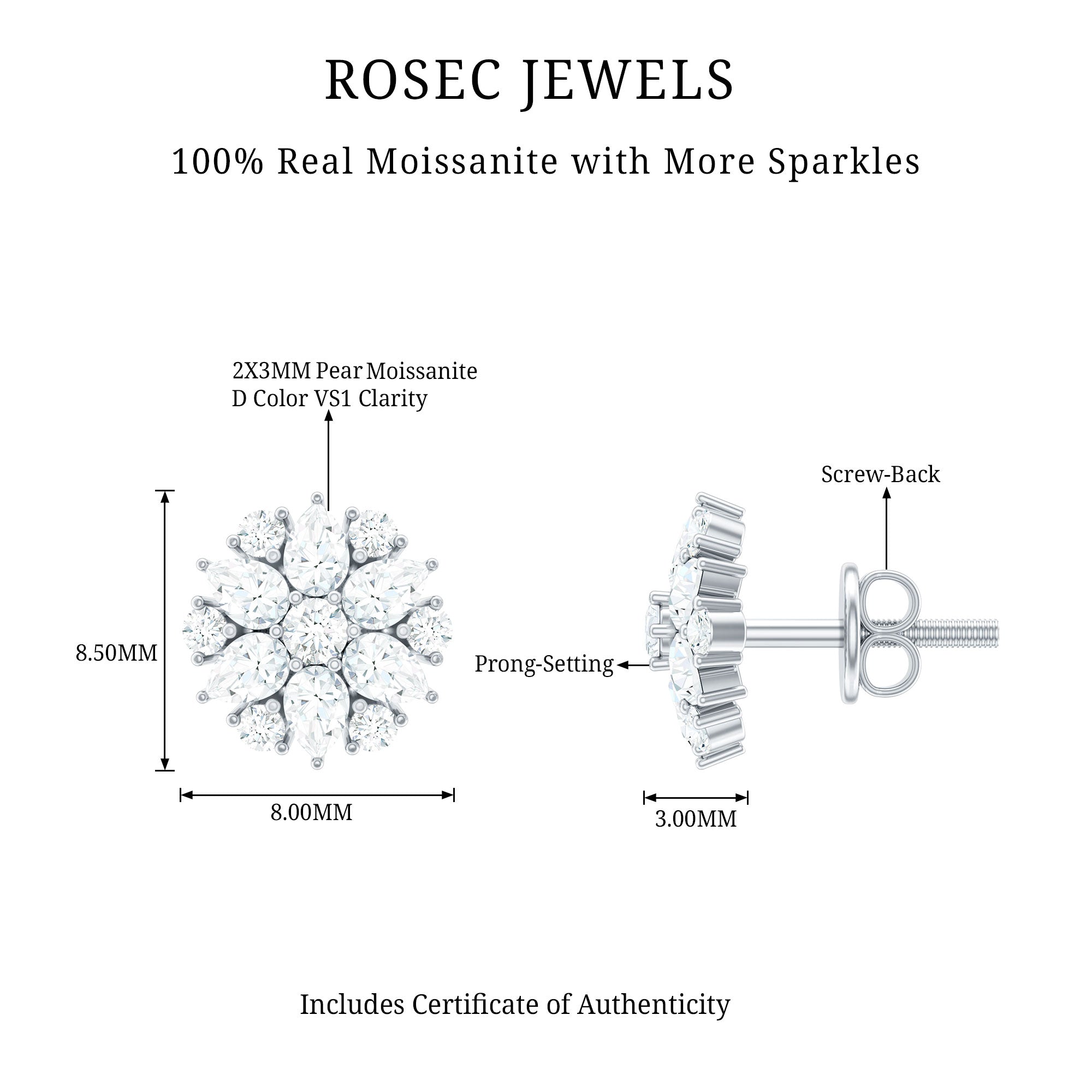 Certified Moissanite Flower Stud Earrings with Screw Back
