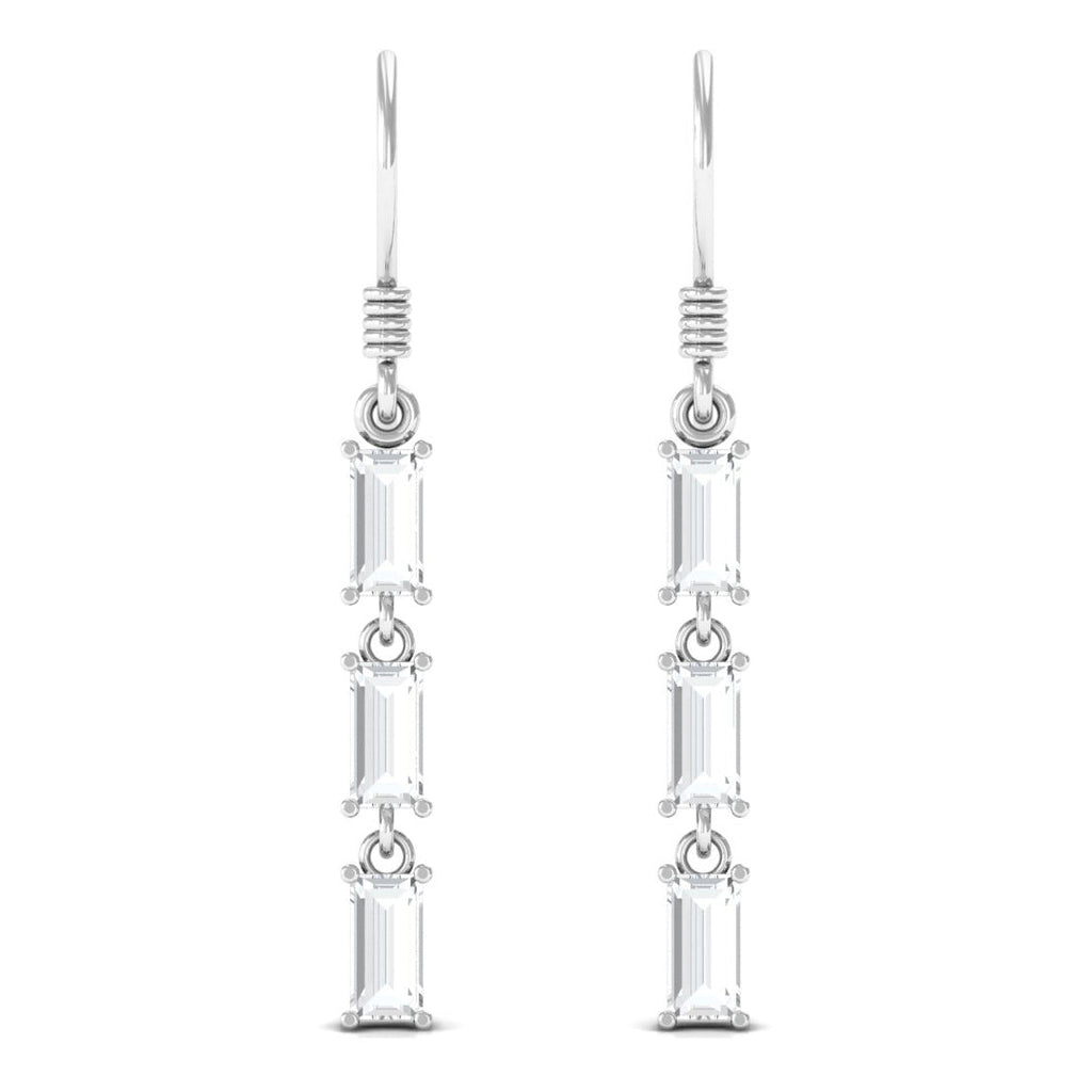 Certified Baguette Moissanite 3 Stone Dangle Earrings with Fish Hook