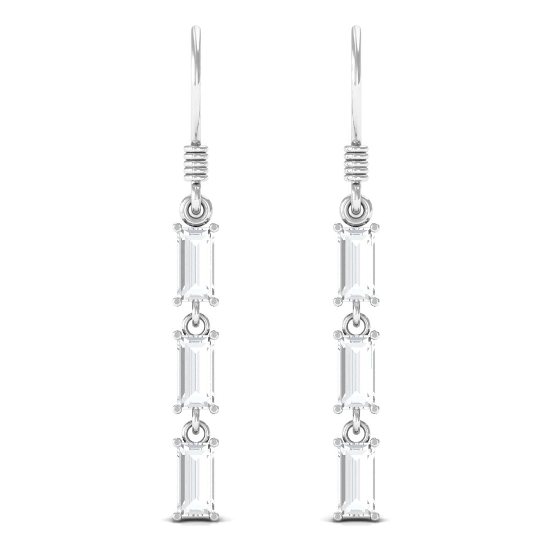 Certified Baguette Moissanite 3 Stone Dangle Earrings with Fish Hook
