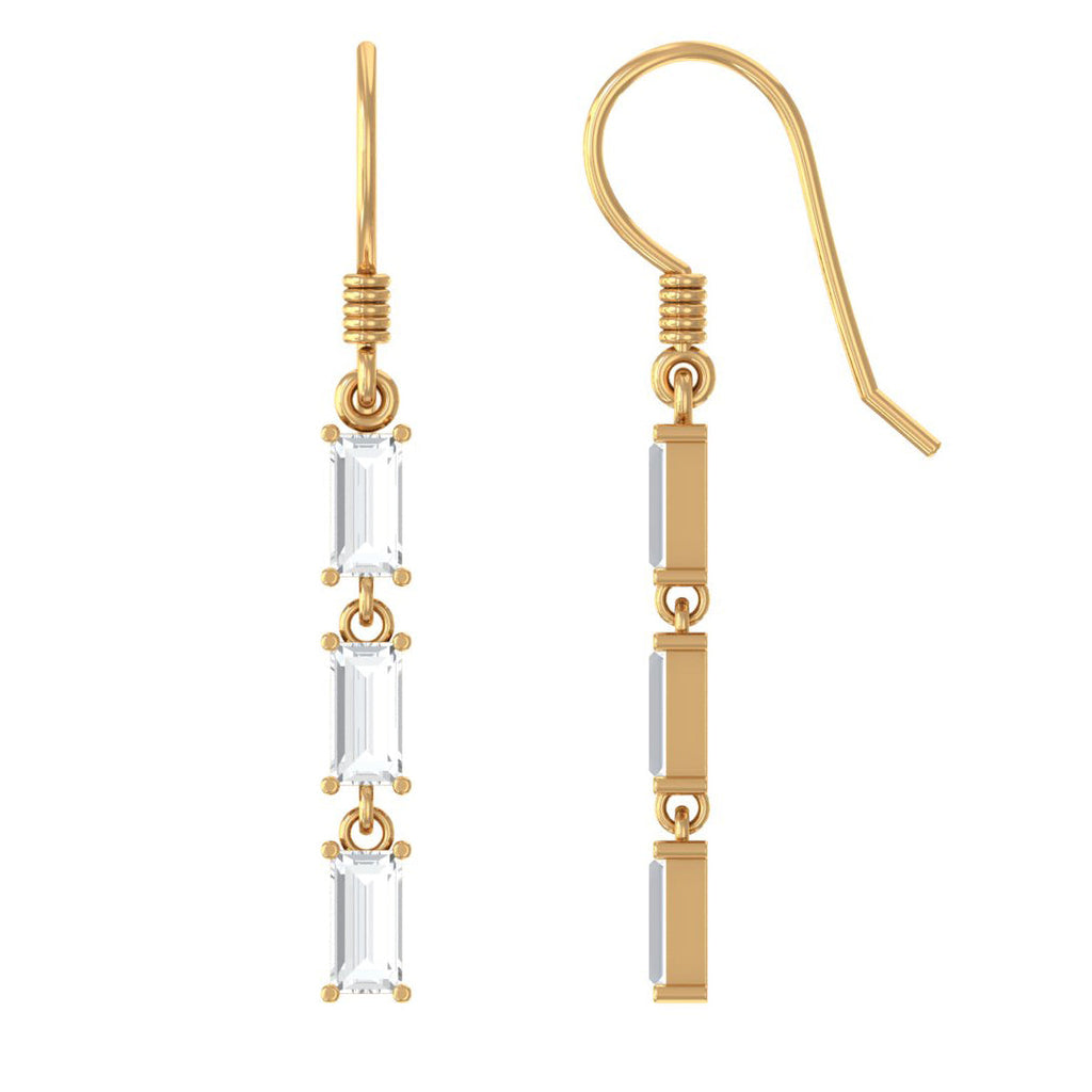 Certified Baguette Moissanite 3 Stone Dangle Earrings with Fish Hook