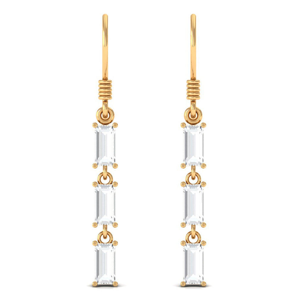 Certified Baguette Moissanite 3 Stone Dangle Earrings with Fish Hook