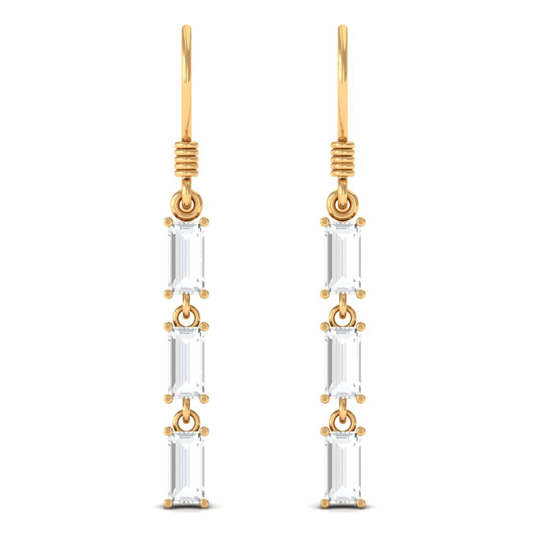Certified Baguette Moissanite 3 Stone Dangle Earrings with Fish Hook