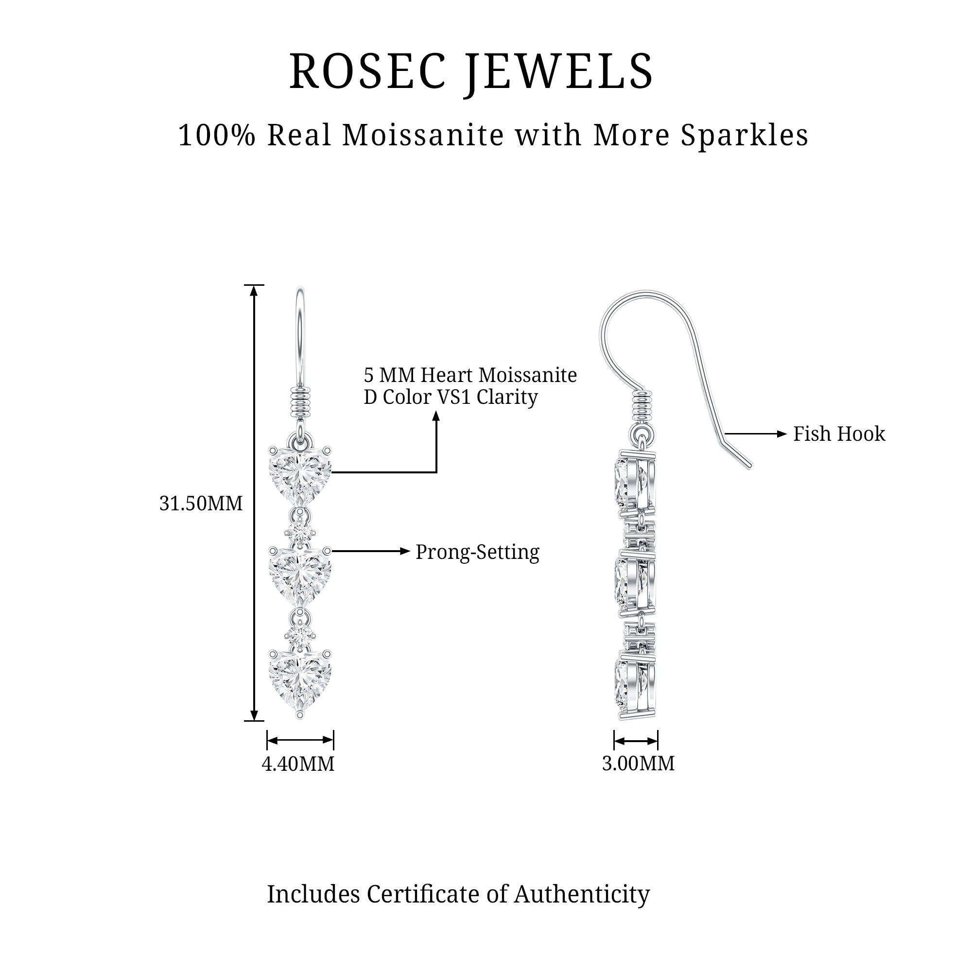 Heart and Round Shape Moissanite Dangle Earrings