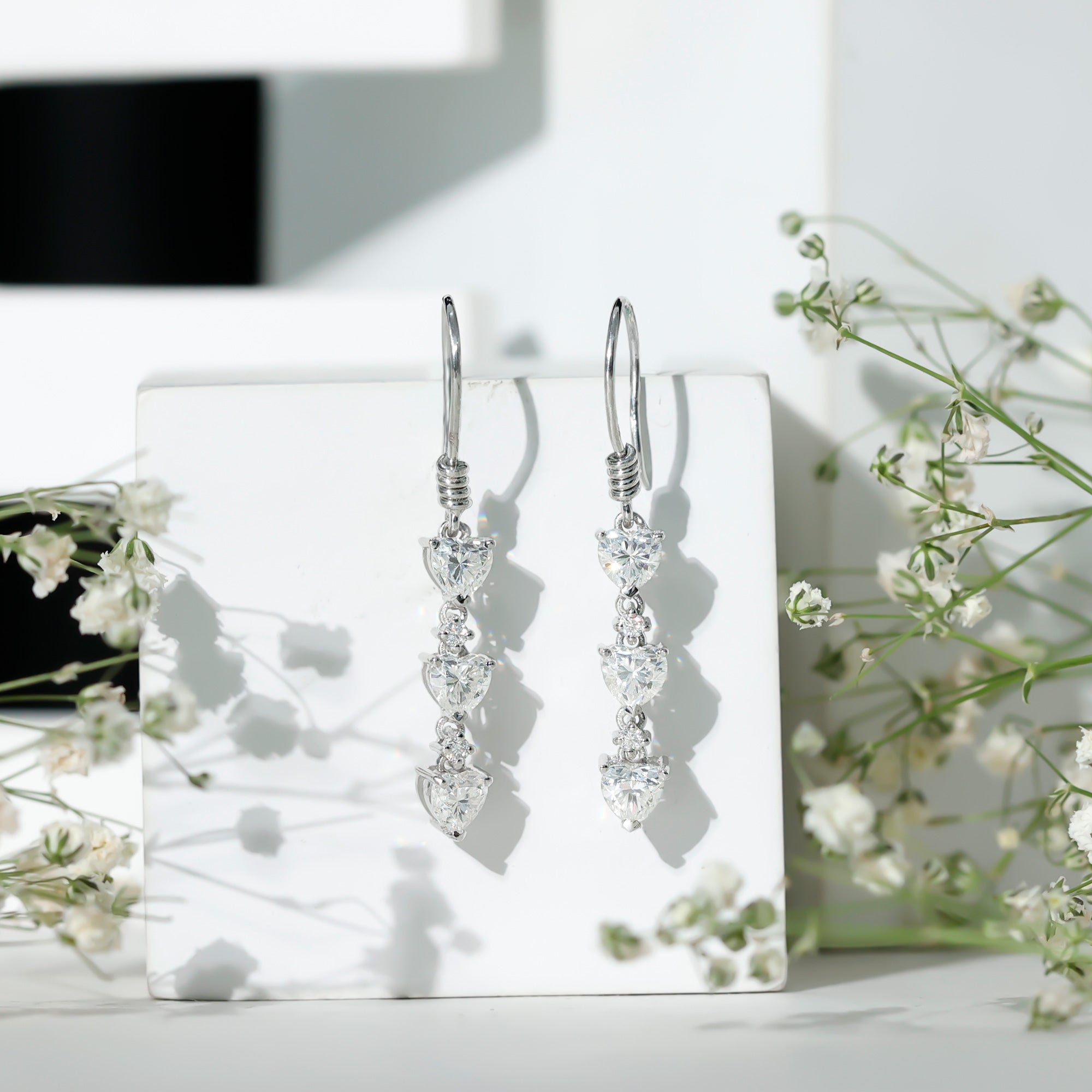 Heart and Round Shape Moissanite Dangle Earrings