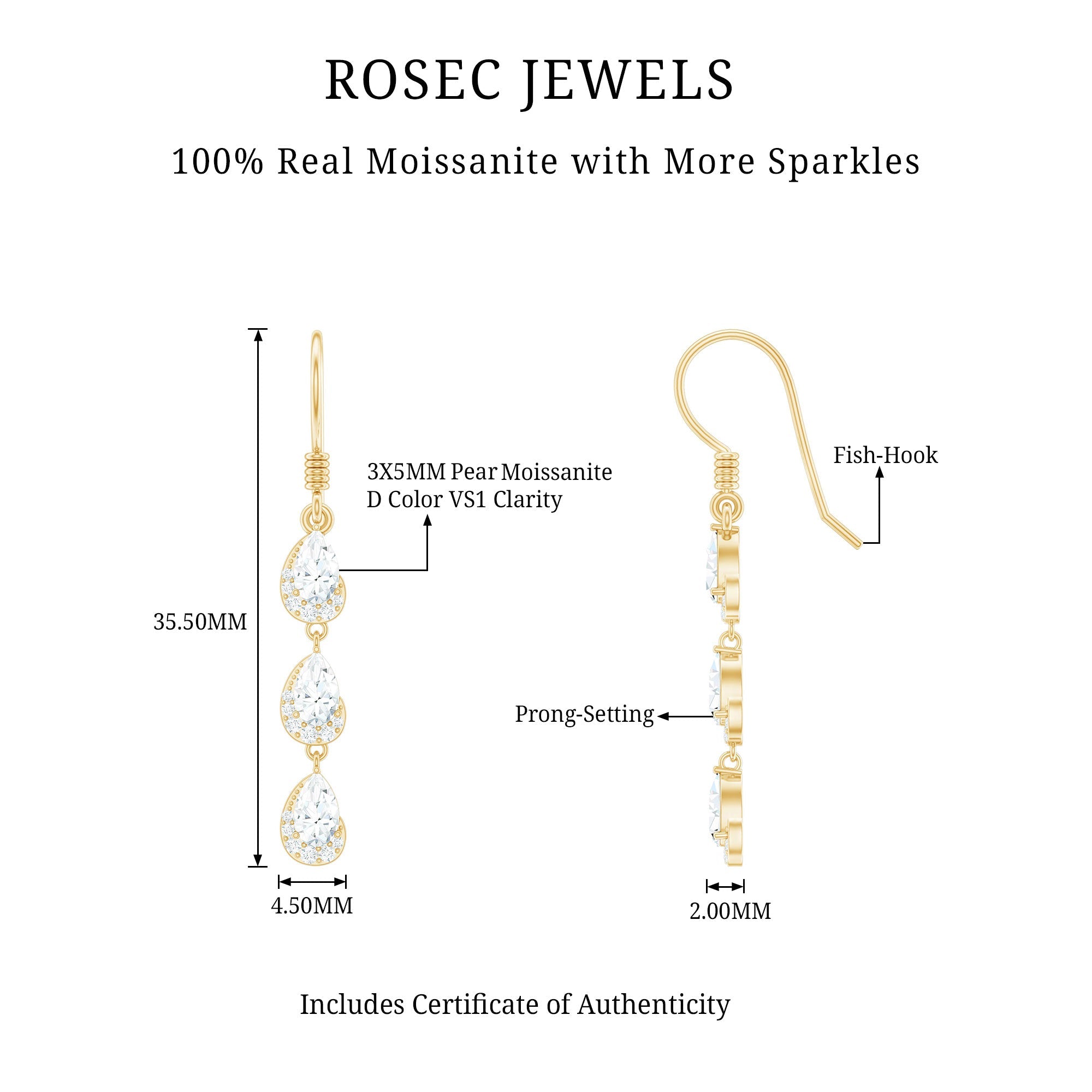 Certified Moissanite Dangling Wedding Earrings for Bride