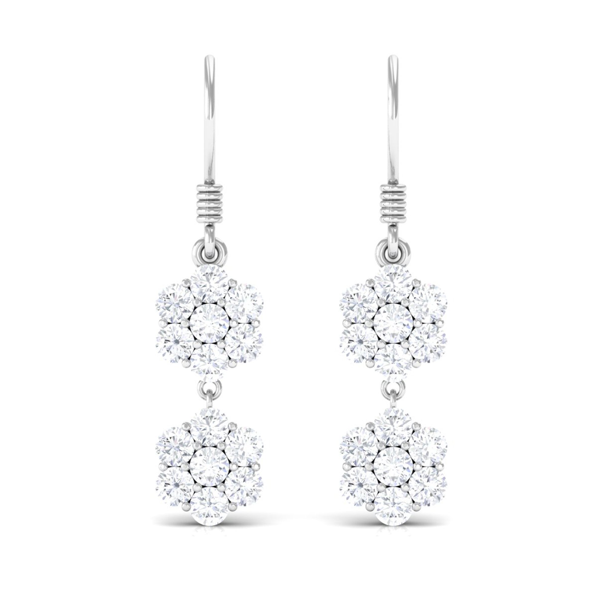 Certified Moissanite Double Flower Dangle Earrings with Fish Hook
