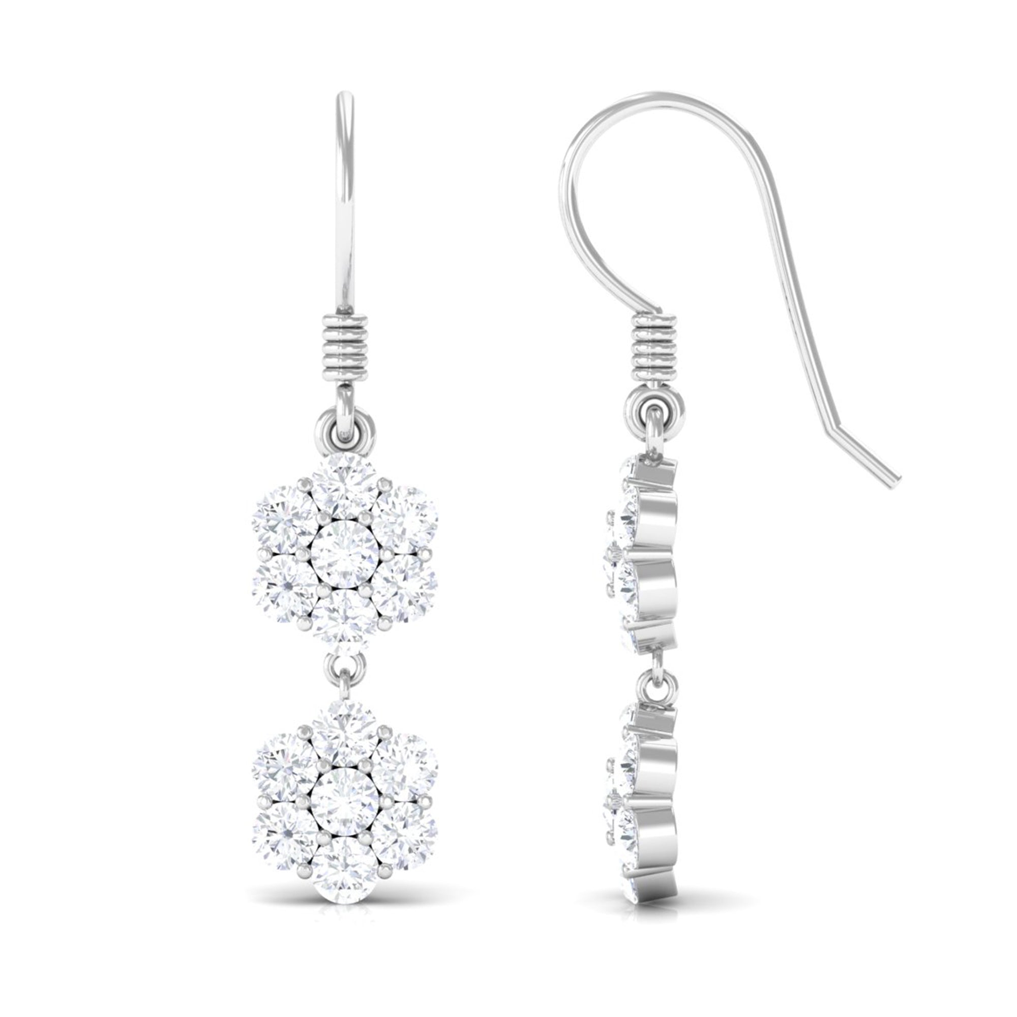 Certified Moissanite Double Flower Dangle Earrings with Fish Hook
