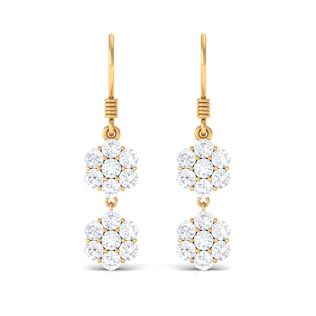 Certified Moissanite Double Flower Dangle Earrings with Fish Hook