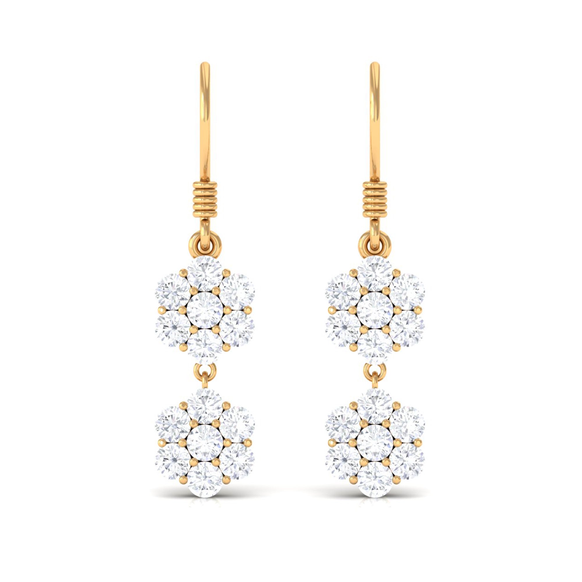 Certified Moissanite Double Flower Dangle Earrings with Fish Hook