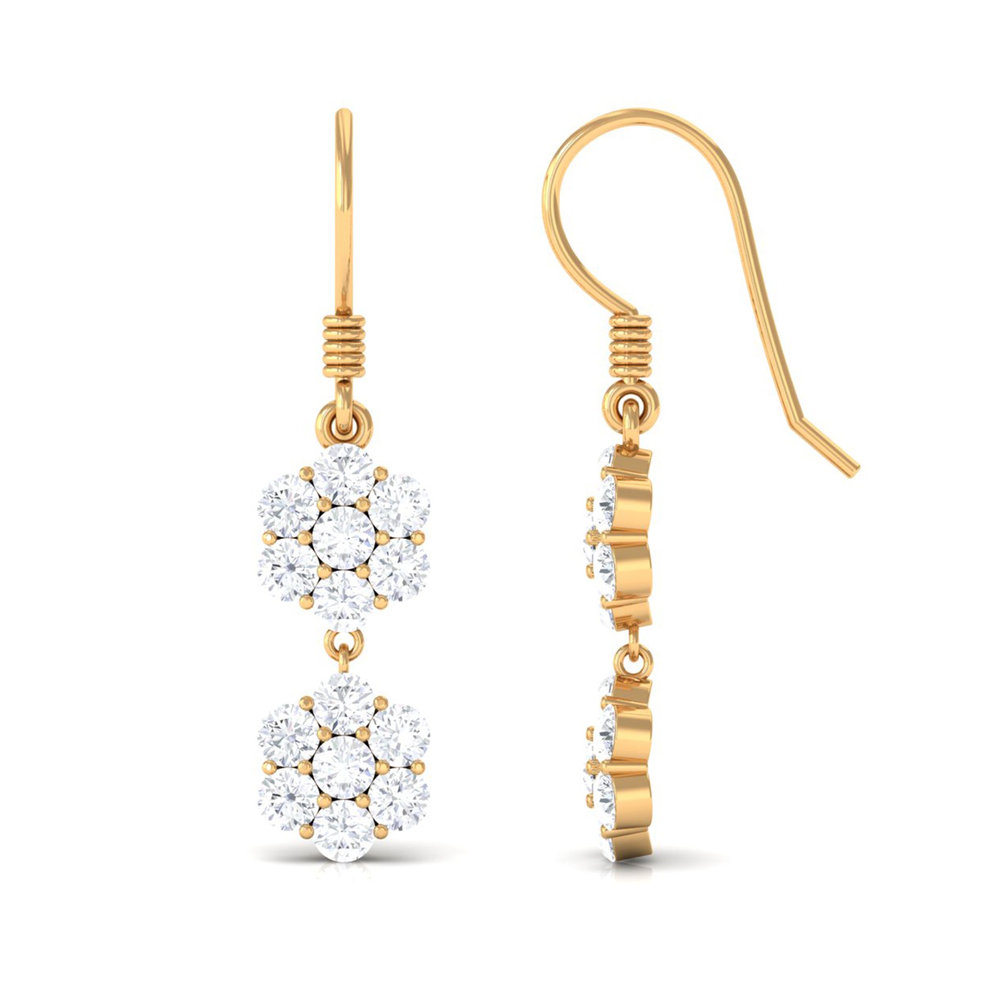 Certified Moissanite Double Flower Dangle Earrings with Fish Hook