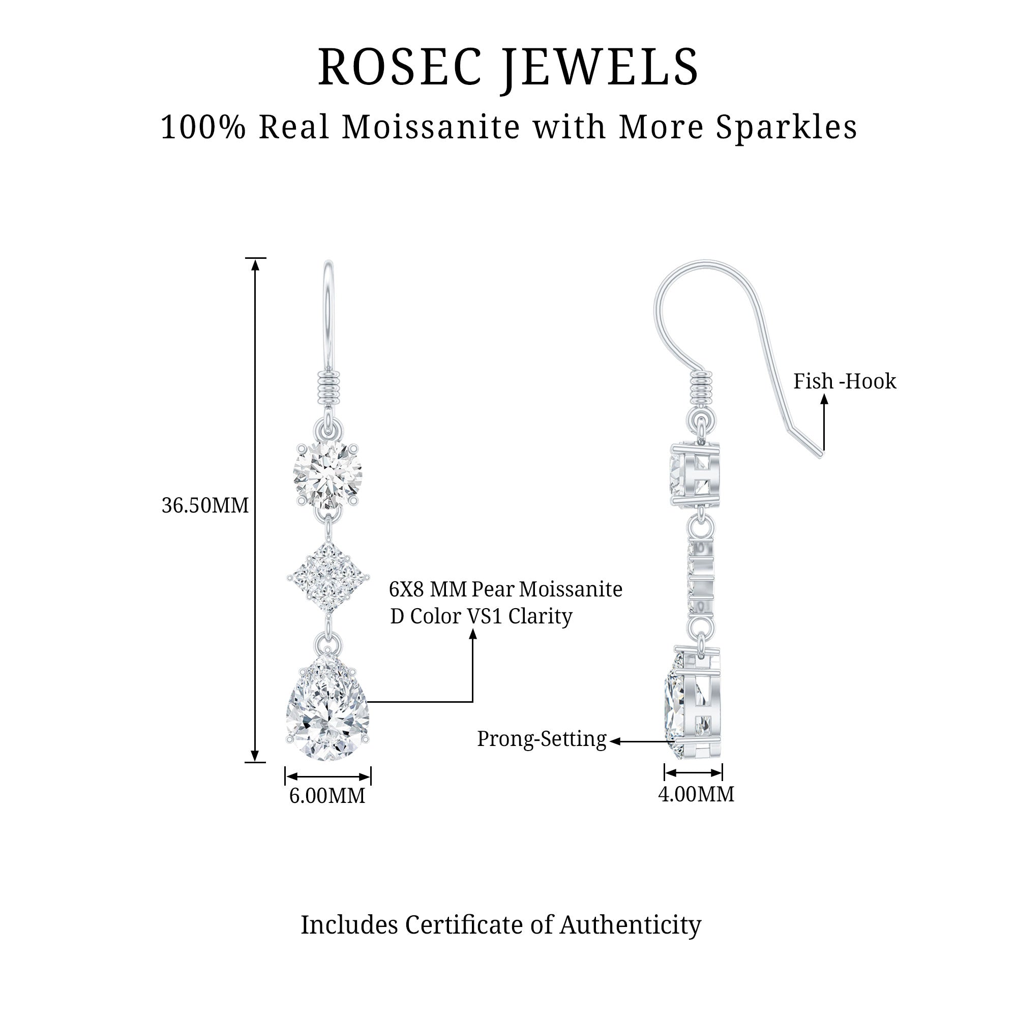 Certified Moissanite Bridal Dangle Earrings with Fish Hook