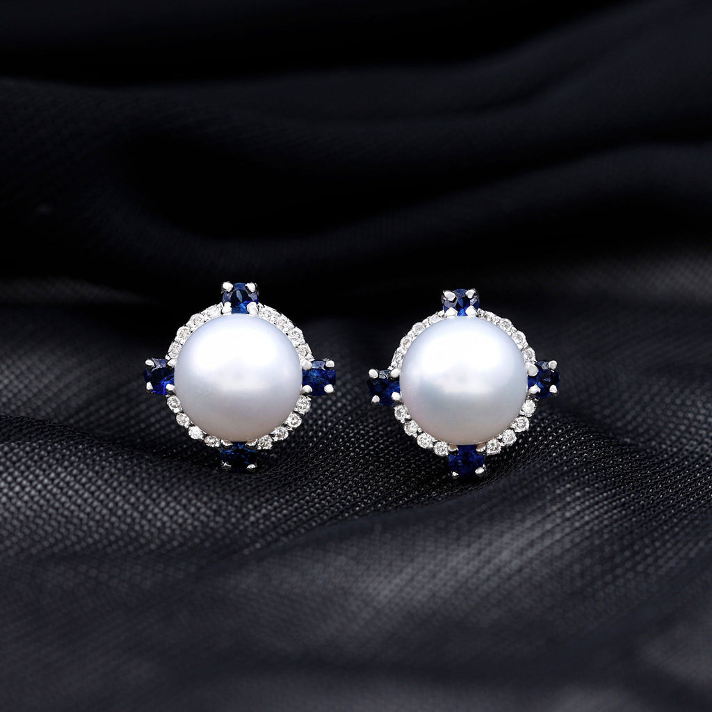 Natural Freshwater Pearl Vintage Earrings With Blue Sapphire