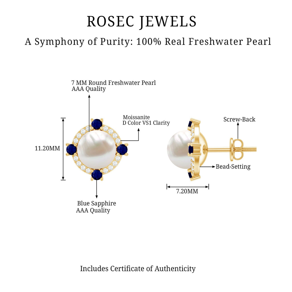 Natural Freshwater Pearl Vintage Earrings With Blue Sapphire