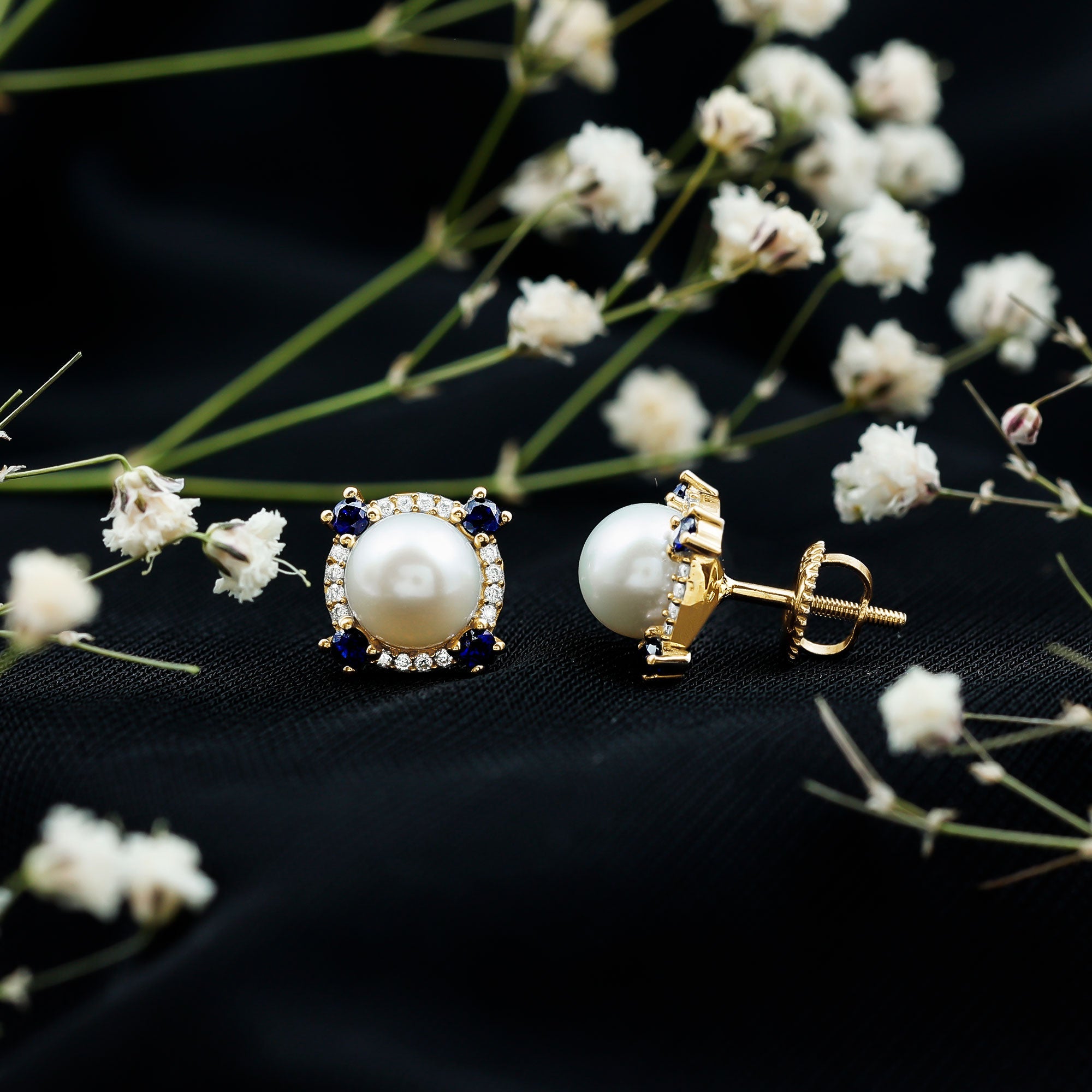 Natural Freshwater Pearl Vintage Earrings With Blue Sapphire
